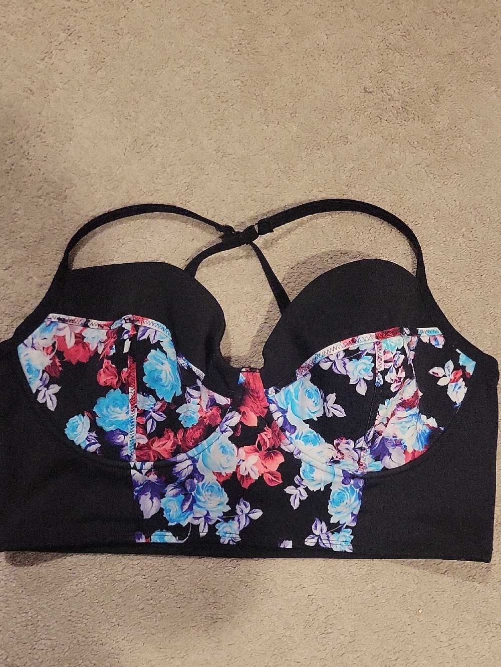 Black Floral Swim Top with Blue & Pink Roses